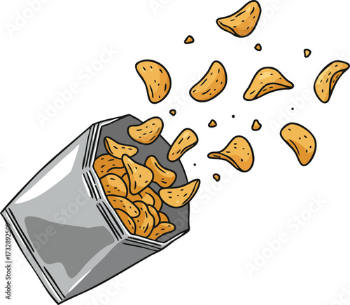 Potato chips spilling from silver snack bag vector illustration in dynamic motion with scattered crumbs 