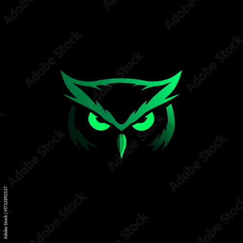 Mysterious glowing green eyed owl head illustration on dark background, wise nocturnal bird symbol, elegant vector art