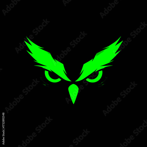 Intense glowing neon green owl eyes and beak on a black background, mysterious nocturnal bird graphic design element.