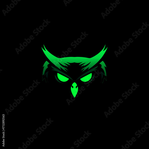Minimalist glowing green owl head with piercing eyes on a dark background, wise nocturnal bird vector graphic concept