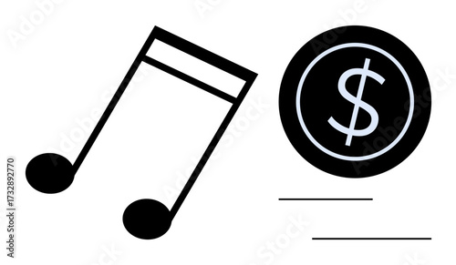 Musical note beside a dollar coin highlighting earnings from music creation. Ideal for music business, royalties, entertainment, digital streaming, copyright, monetization, simple flat metaphor