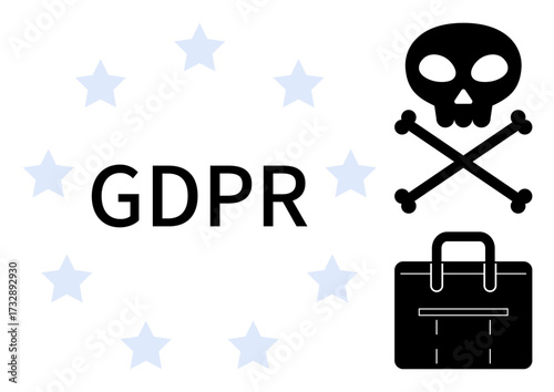 GDPR text encircled by stars, black skull and crossbones, and briefcase icon. Ideal for privacy risk, data security, legal compliance, cybersecurity, EU regulations, protection simple flat metaphor