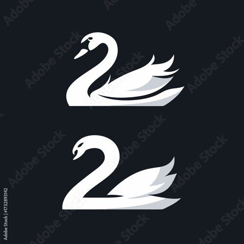 Elegant white swan logo vector set on dark background, modern stylized bird graphic icon illustration, beautiful water fowl symbol.