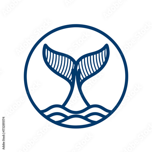 Minimalist blue whale tail icon with ocean waves in a circle, elegant marine animal graphic symbol, aquatic wildlife vector illustration