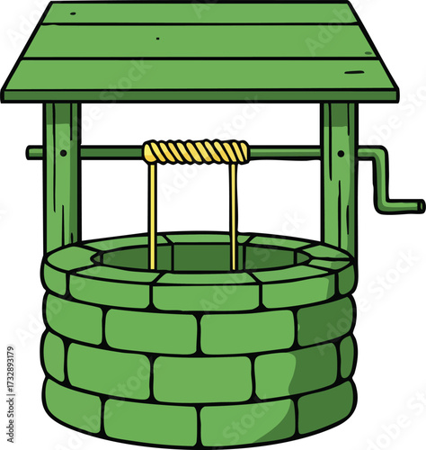 Stone water well with green wooden roof and hand crank vector illustration for rural outdoor design 
