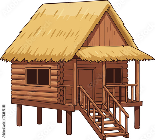 Traditional wooden cabin with thatched roof and front porch elevated on stilts vector illustration 