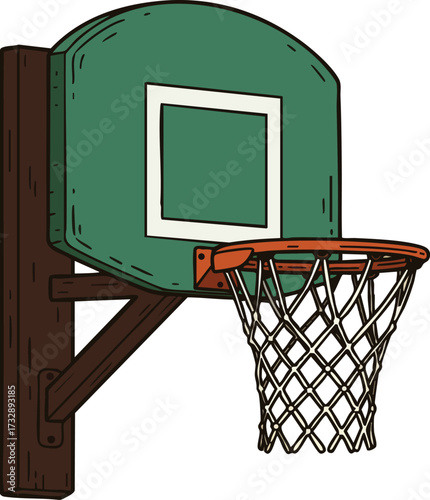 Basketball hoop with green backboard and orange rim mounted on wooden pole illustration vector graphic 