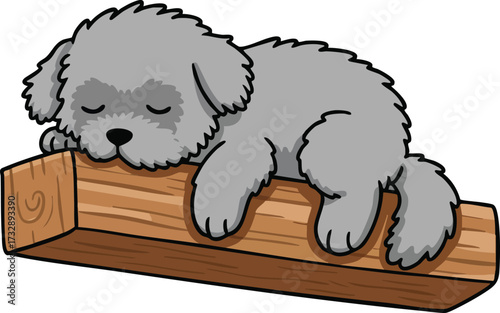 Gray puppy sleeping on wooden beam vector illustration with cute peaceful pet resting 