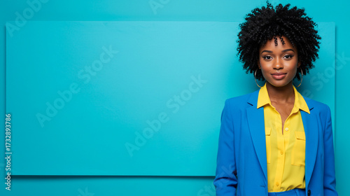 A stylish African American woman in a blue blazer, standing against a matching background. She is smiling and holding a blank white sign for your message.