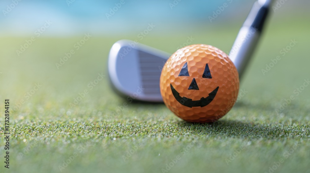 Naklejka premium Orange Halloween golf ball with carved jack-o'-lantern face resting on golf course grass next to a