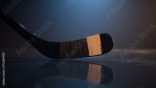 Hockey stick blade with tape on reflective surface wood