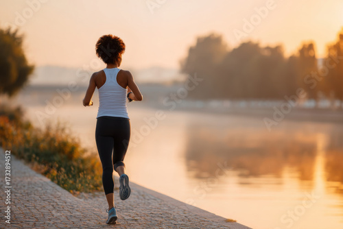 Woman jogging by the river at sunrise