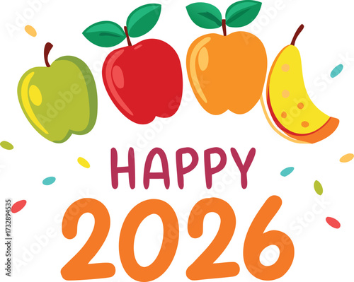 Cheerful 2026 Year Apple Orchard Harvest Celebration Fun Fruits Graphic Design Vector Illustration