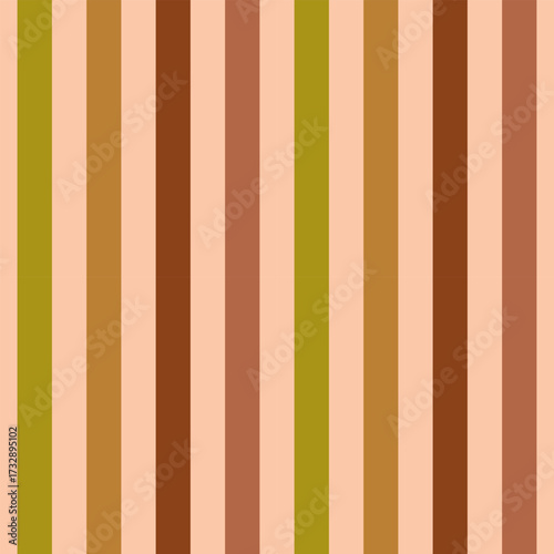 Seamless pattern with multicolored vertical stripes on beige background. Autumn fall design in retro 70s style. Vector illustration. Perfect for decor, fabric, textile, wallpaper, wrapping paper