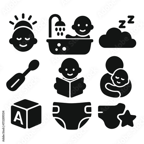 Baby Routine Icons. Solid vector icons of daily baby routine: morning wake icon, bath time symbol, feeding time with spoon,