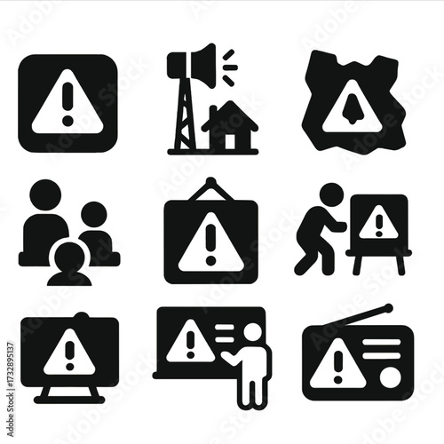 Community Safety Icons. Solid vector icons of community alerts and awareness: alert app icon, neighborhood siren tower, hazard map