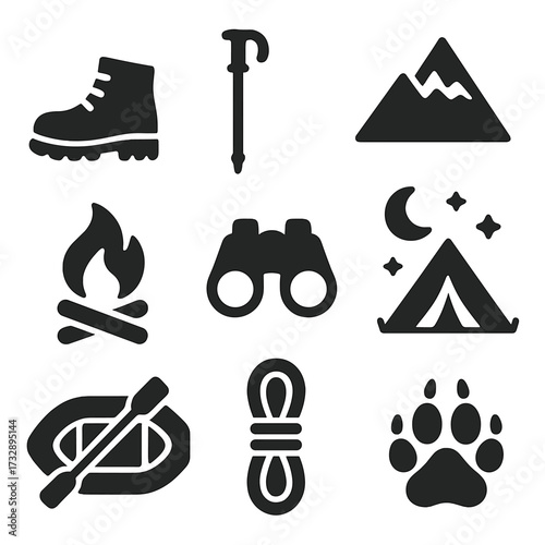 Outdoor Adventure Icons. Solid vector icons of outdoor adventures: hiking boots icon, trekking pole, mountain peak, tent under