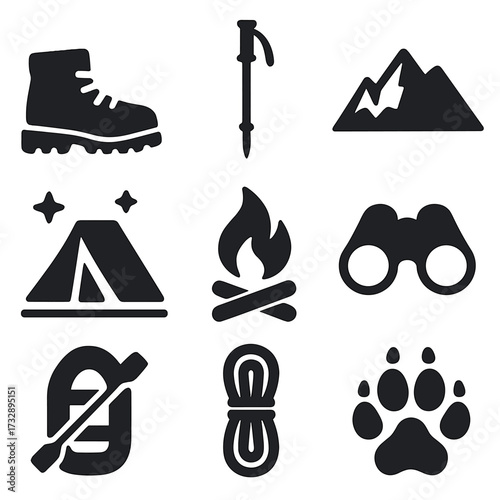 Outdoor Adventure Icons. Solid vector icons of outdoor adventures: hiking boots icon, trekking pole, mountain peak, tent under