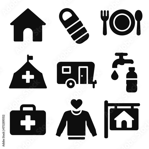Emergency Shelter Icons. Solid vector icons of emergency shelters and aid: shelter house icon, sleeping bag symbol, food line icon