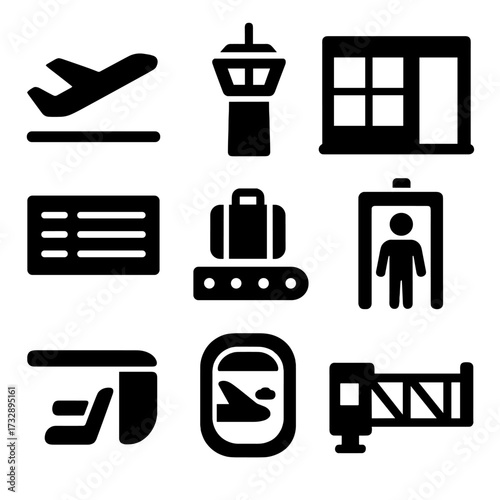 Airport Icon Set. Solid vector icons of airport and flight: airplane takeoff icon, control tower, terminal gate, flight status