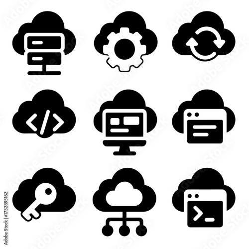 Cloud Computing Icons. Solid vector icons of cloud computing tools: cloud server icon, cloud API gear, data sync arrows, cloud