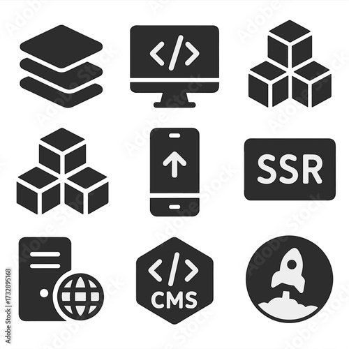 Web Development Icons. Solid vector icons of web development stack: frontend/backend layers, full-stack monitor, MEAN stack blocks