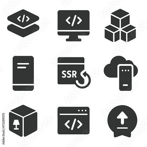 Web Development Icons. Solid vector icons of web development stack: frontend/backend layers, full-stack monitor, MEAN stack blocks