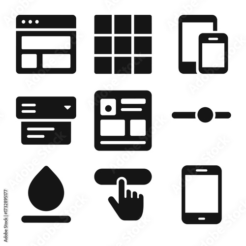 Frontend Icons Set. Solid vector icons of frontend development: web layout icon, CSS grid lines, responsive design screen,