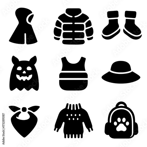 Pet Apparel Icons. Solid style icons of pet apparel: raincoat, winter jacket, dog booties, Halloween costume, reflective vest, sun