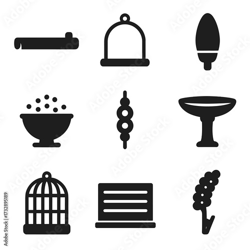 Bird Accessories Icons. Solid style icons of bird accessories: perch, swing, cuttlebone holder, seed guard, foraging toy, birdbath