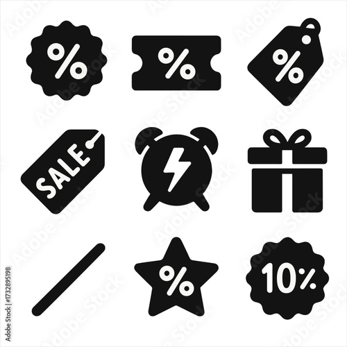 Discount Icons Collection. Solid style icons of discounts and offers: percentage badge, coupon ticket, discount label, clearance