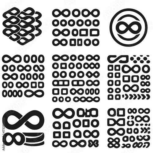 Infinity Icon Patterns. Solid style icons of structured infinity backgrounds: isometric tiled infinity symbols, flat pattern with