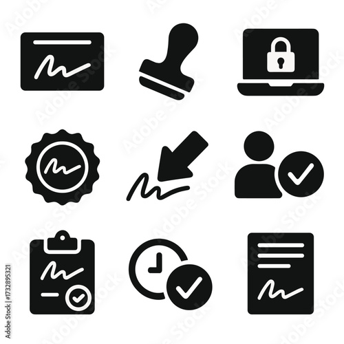 Digital Approval Icons. Solid style icons of digital signature and approval: e-signature field, stamp of approval, authorized