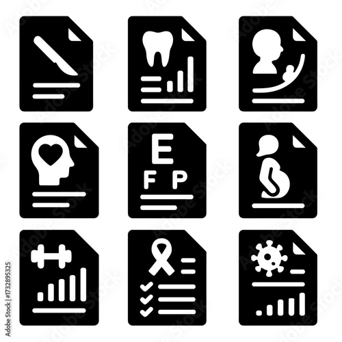 Specialty Medical Records Icons. Solid style icons of specialty medical records: surgical report, dental chart, pediatric growth