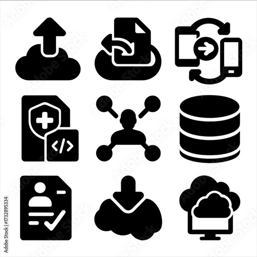 Digital Health Icons. Solid style icons of digital health infrastructure: data upload icon, document cloud sync, cross-device data