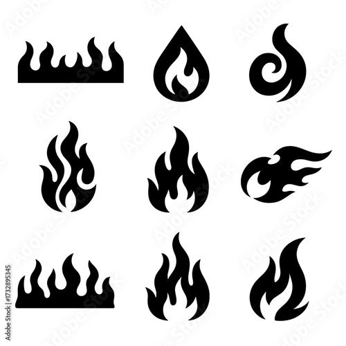 Decorative Fire Icons. Solid style icons of decorative fire graphics: flame border, fire drop emblem, curled flame swirl, tribal