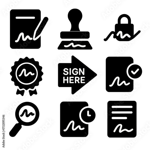 Digital Approval Icons. Solid style icons of digital signature and approval: e-signature field, stamp of approval, authorized