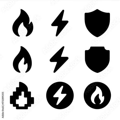 Solid Style Icons. Solid style icons of compact graphic assets: icon-size flame, micro bolt, shield glyph, UI-ready energy flame,