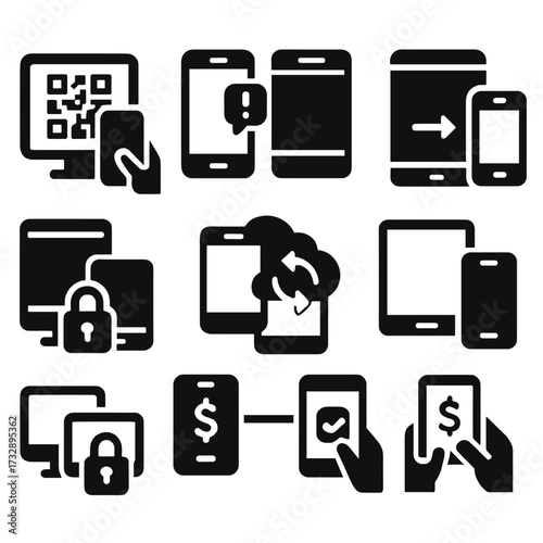Cross-Device Payment Icons. Solid style icons of cross-device payment interaction: scan QR on screen, push notification on phone,