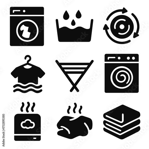 Laundry Process Icons. Solid style icons of washing and drying stages: load washer, water rinse, spin cycle, air drying, tumble