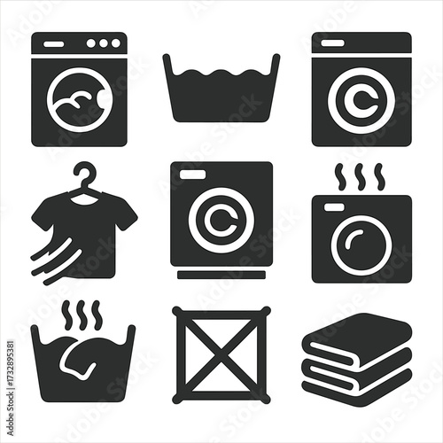 Laundry Process Icons. Solid style icons of washing and drying stages: load washer, water rinse, spin cycle, air drying, tumble