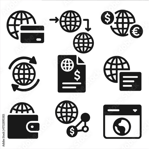 International Transaction Icons. Solid style icons of international transactions: globe with card icon, cross-border payment,