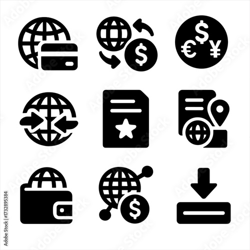 International Transaction Icons. Solid style icons of international transactions: globe with card icon, cross-border payment,