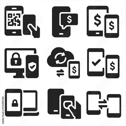 Cross-Device Payment Icons. Solid style icons of cross-device payment interaction: scan QR on screen, push notification on phone,