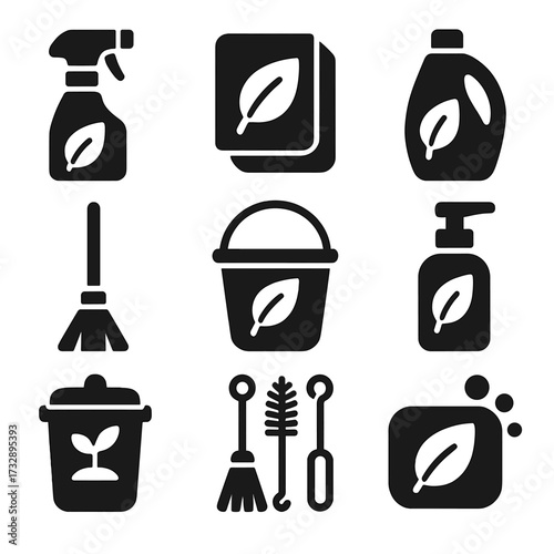 Eco-Friendly Cleaning Icons. Solid style icons of eco-friendly cleaning: leaf on spray bottle, reusable cloth, eco detergent,