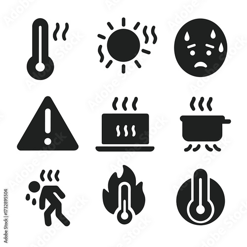 High Temperature Icons. Solid style icons of high temperature symbols: thermometer with rising mercury, sun with heat waves,