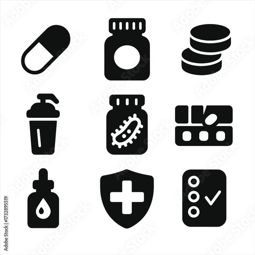 Wellness Supplement Icons. Solid style icons of supplements and wellness boosters: vitamin capsule, omega-3 bottle, supplement