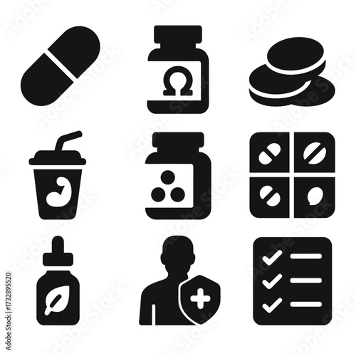 Wellness Supplement Icons. Solid style icons of supplements and wellness boosters: vitamin capsule, omega-3 bottle, supplement
