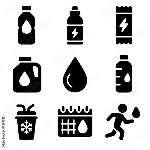 Hydration and Energy Icons. Solid style icons of hydration and energy: water droplet bottle, electrolyte drink, energy bar, refill