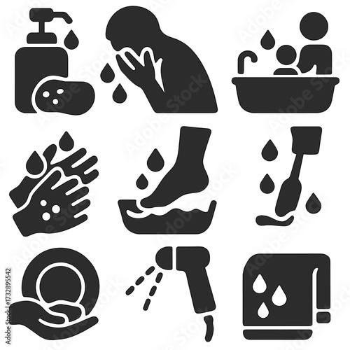 Hygiene Icons Collection. Solid style icons of hygiene and sanitation with water: soap and water icon, washing face, bathing child